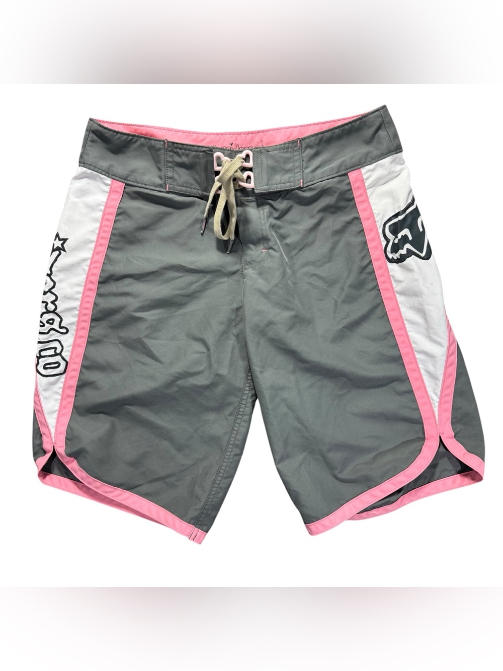Vintage Y2K Fox Racing Riders Co Gray Pink Board Shorts Women’s Size 1 Surf Swim